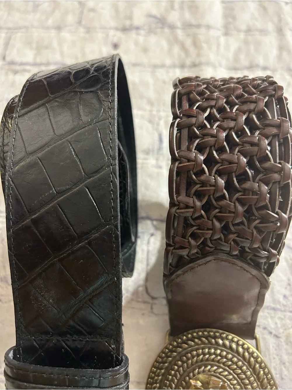 PATRICIA GREEN BLACK WIDE CROC COVER BUCKLE & BROWN EMBELLISHED BUCKLE BOHO BELT